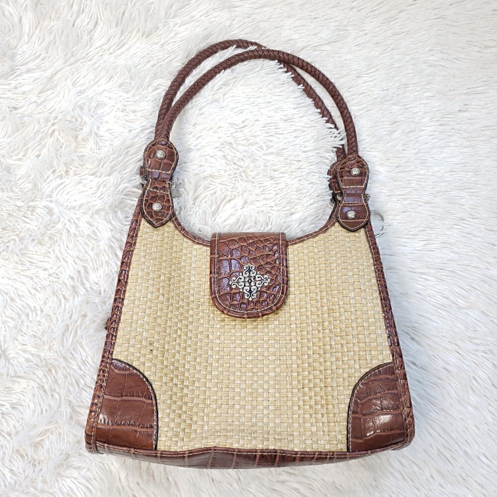 Rosetti Vintage Y2K Straw Woven Shoulder Bag Croc Leather Trim Silver Medallion